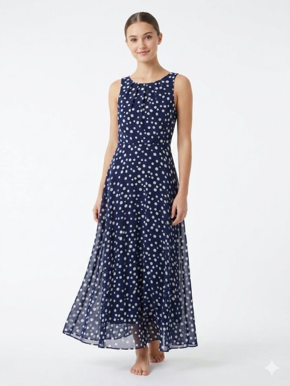 R&K Originals Navy Polka Dot Chiffon Maxi Sleeveless Occasion Dress Flowy 4